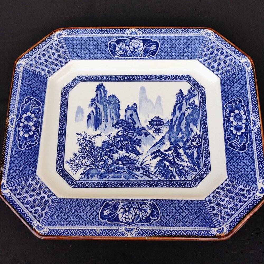 Japanese Platter blue white transferware pagoda Ironstone LARGE